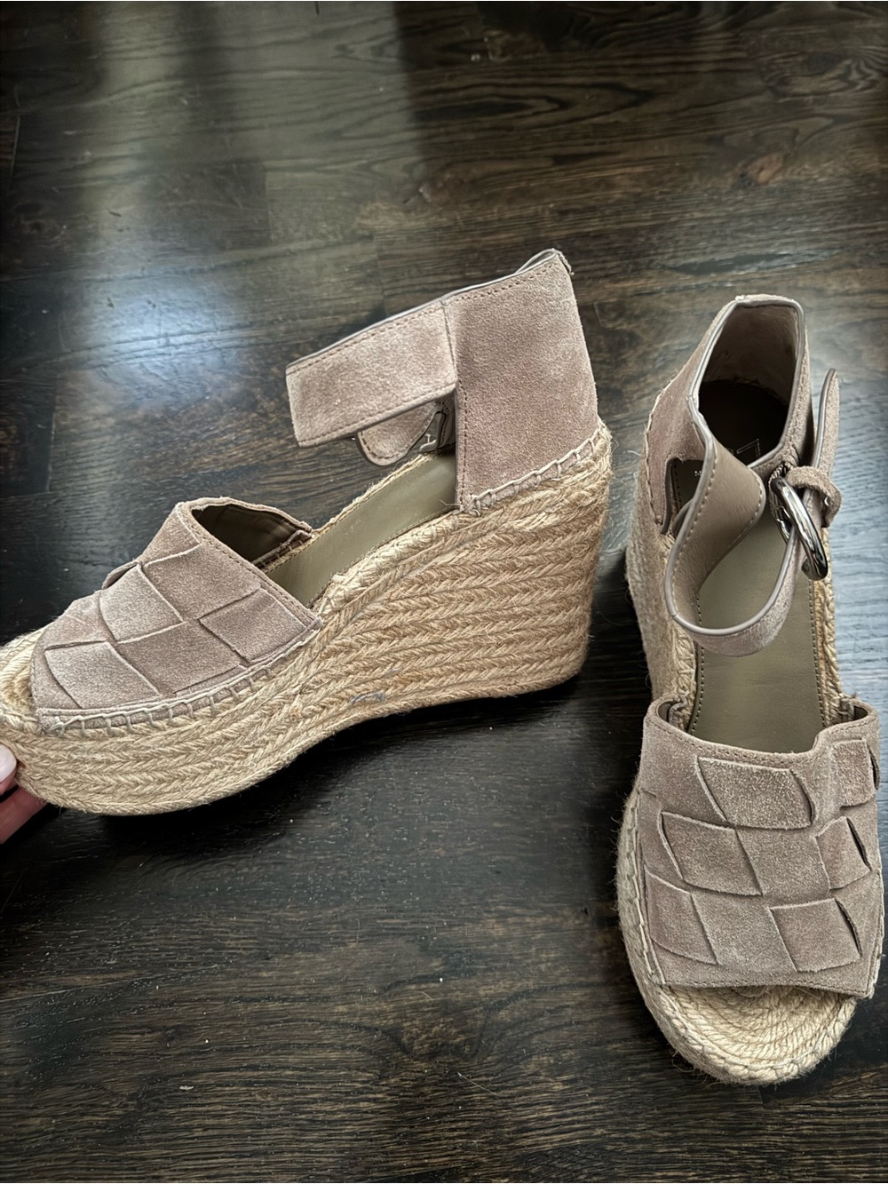 Marc Fisher Taupe Suede Espadrille Wedge Sandals with Ankle Strap